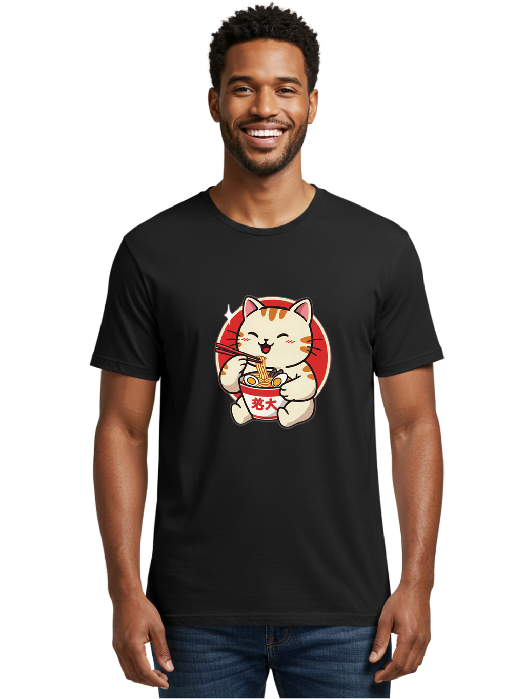 Cat-Eating-Ramen Men'S Graphic Tee, 100% Cotton, Comfortable Casual Summer Wear, Machine Washable, Cute Kitten Eating Ramen, Cartoon Cat With Chopsticks, Adorable Kitty Enjoying Noodles, Kawaii Animal, Orange Tabby Cat, Bowl Of Ramen, Baa276