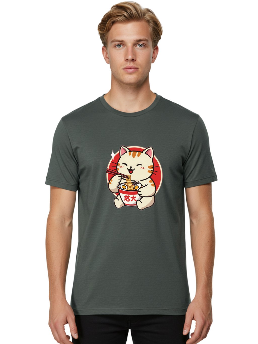 Cat-Eating-Ramen Men'S Graphic Tee, 100% Cotton, Comfortable Casual Summer Wear, Machine Washable, Cute Kitten Eating Ramen, Cartoon Cat With Chopsticks, Adorable Kitty Enjoying Noodles, Kawaii Animal, Orange Tabby Cat, Bowl Of Ramen, Baa276