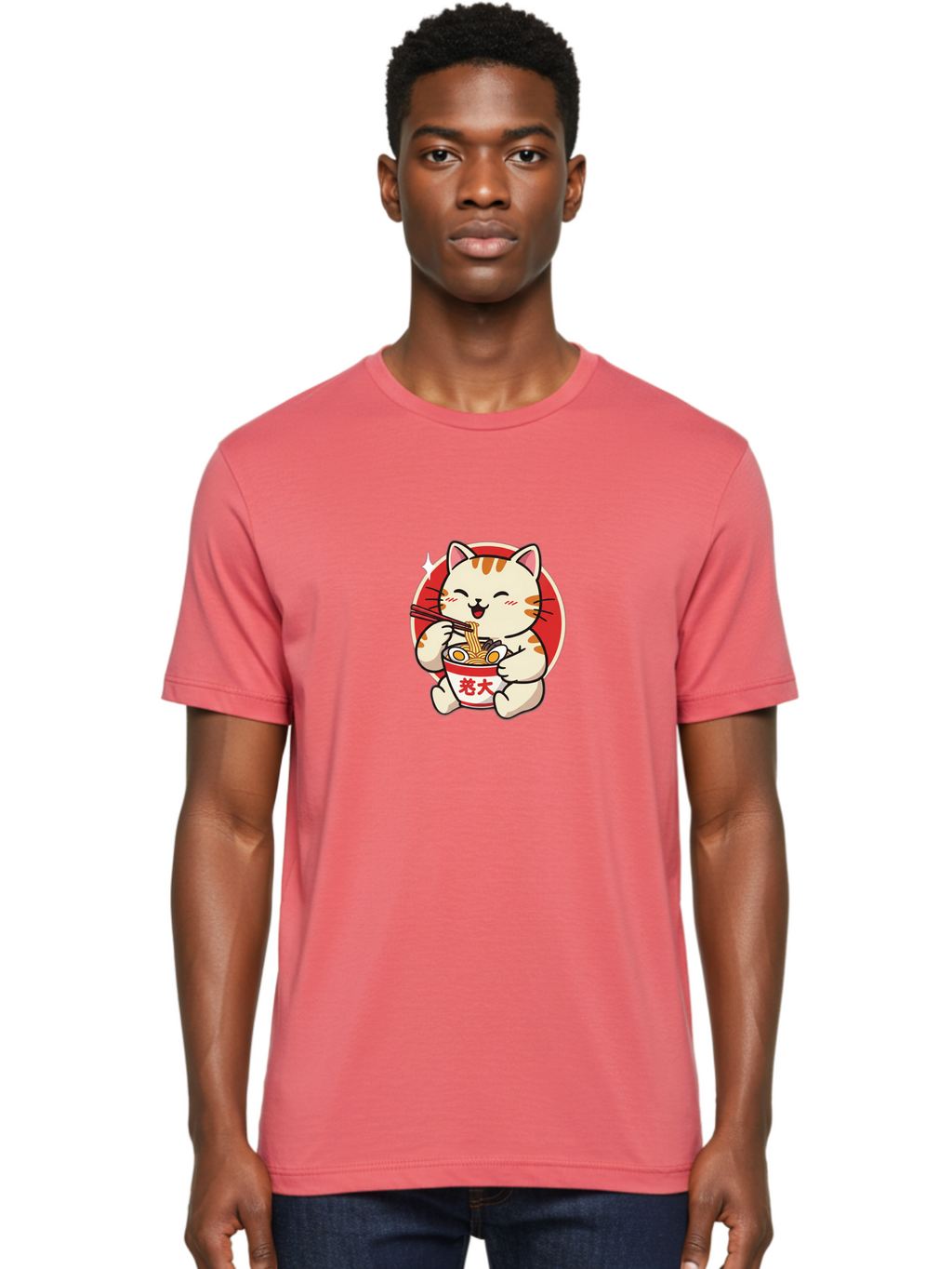 Cat-Eating-Ramen Men'S Graphic Tee, 100% Cotton, Comfortable Casual Summer Wear, Machine Washable, Cute Kitten Eating Ramen, Cartoon Cat With Chopsticks, Adorable Kitty Enjoying Noodles, Kawaii Animal, Orange Tabby Cat, Bowl Of Ramen, Baa276