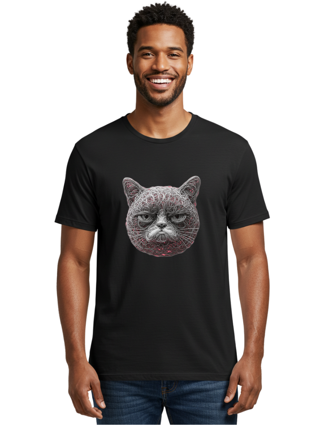 Cat-Face Men'S Graphic Tee, 100% Cotton, Comfortable Casual Summer Wear, Machine Washable, Detailed Cat Face, Intricate Line Art, Whimsical Feline Design, Bold Illustration, Expressive Cat Features, Abstract Cat Portrait, Swirling Patterns, Baa277