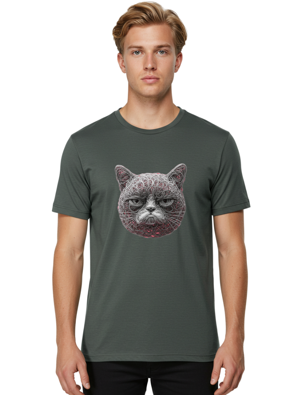 Cat-Face Men'S Graphic Tee, 100% Cotton, Comfortable Casual Summer Wear, Machine Washable, Detailed Cat Face, Intricate Line Art, Whimsical Feline Design, Bold Illustration, Expressive Cat Features, Abstract Cat Portrait, Swirling Patterns, Baa277