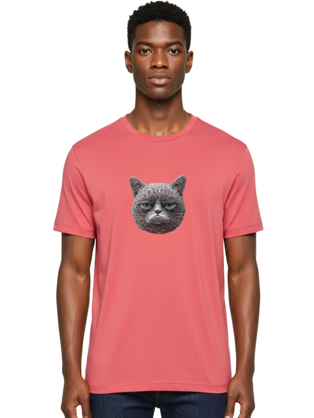 Cat-Face Men'S Graphic Tee, 100% Cotton, Comfortable Casual Summer Wear, Machine Washable, Detailed Cat Face, Intricate Line Art, Whimsical Feline Design, Bold Illustration, Expressive Cat Features, Abstract Cat Portrait, Swirling Patterns, Baa277