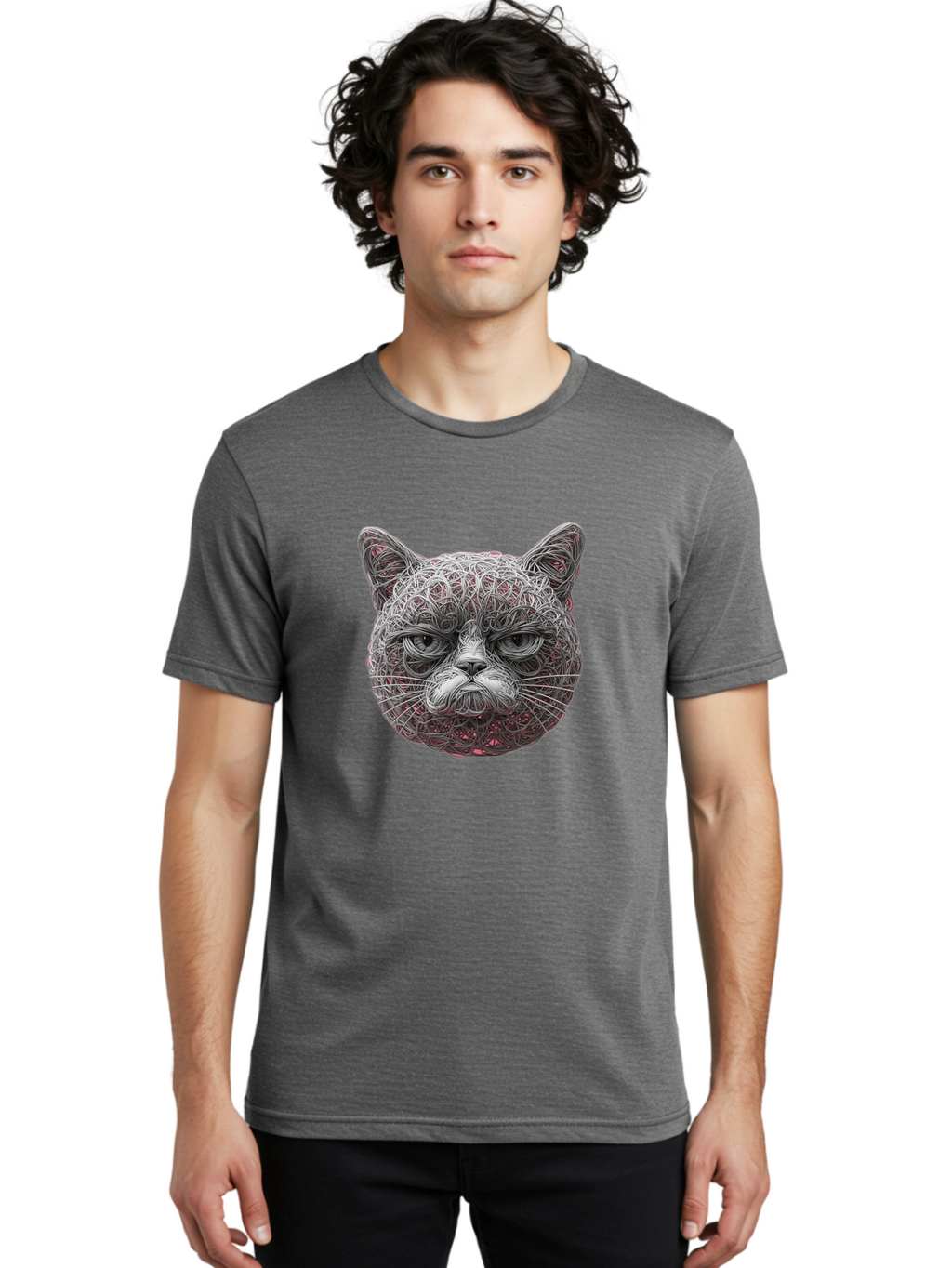 Cat-Face Men'S Graphic Tee, 100% Cotton, Comfortable Casual Summer Wear, Machine Washable, Detailed Cat Face, Intricate Line Art, Whimsical Feline Design, Bold Illustration, Expressive Cat Features, Abstract Cat Portrait, Swirling Patterns, Baa277