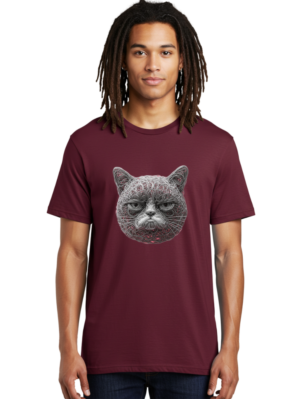 Cat-Face Men'S Graphic Tee, 100% Cotton, Comfortable Casual Summer Wear, Machine Washable, Detailed Cat Face, Intricate Line Art, Whimsical Feline Design, Bold Illustration, Expressive Cat Features, Abstract Cat Portrait, Swirling Patterns, Baa277