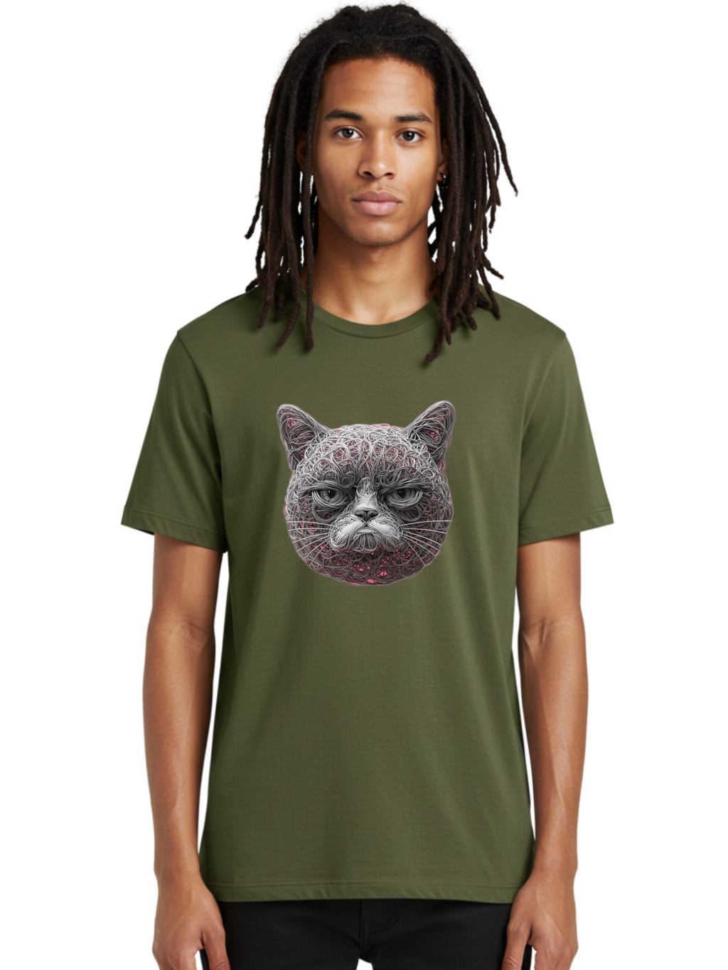 Cat-Face Men'S Graphic Tee, 100% Cotton, Comfortable Casual Summer Wear, Machine Washable, Detailed Cat Face, Intricate Line Art, Whimsical Feline Design, Bold Illustration, Expressive Cat Features, Abstract Cat Portrait, Swirling Patterns, Baa277