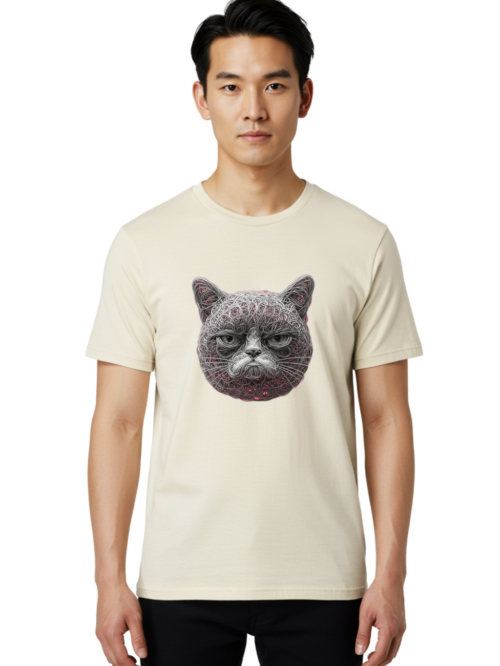Cat-Face Men'S Graphic Tee, 100% Cotton, Comfortable Casual Summer Wear, Machine Washable, Detailed Cat Face, Intricate Line Art, Whimsical Feline Design, Bold Illustration, Expressive Cat Features, Abstract Cat Portrait, Swirling Patterns, Baa277
