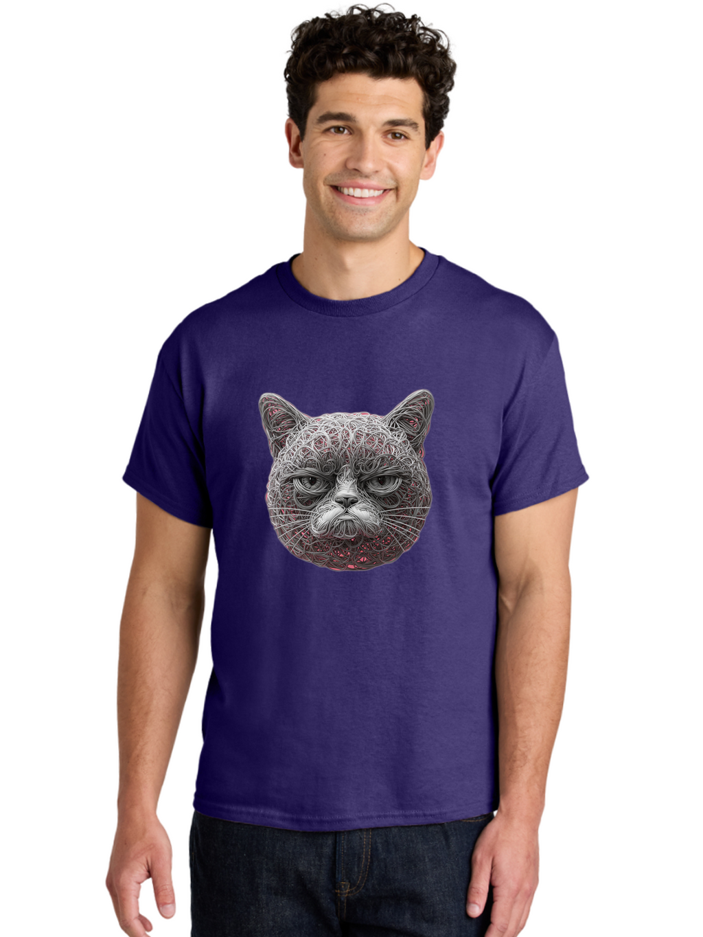 Cat-Face Men'S Graphic Tee, 100% Cotton, Comfortable Casual Summer Wear, Machine Washable, Detailed Cat Face, Intricate Line Art, Whimsical Feline Design, Bold Illustration, Expressive Cat Features, Abstract Cat Portrait, Swirling Patterns, Baa277