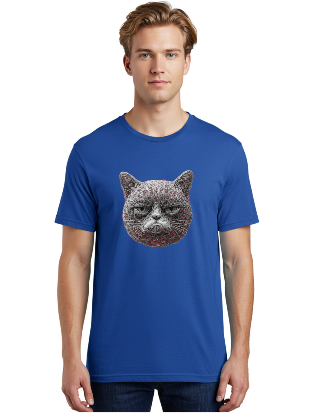 Cat-Face Men'S Graphic Tee, 100% Cotton, Comfortable Casual Summer Wear, Machine Washable, Detailed Cat Face, Intricate Line Art, Whimsical Feline Design, Bold Illustration, Expressive Cat Features, Abstract Cat Portrait, Swirling Patterns, Baa277