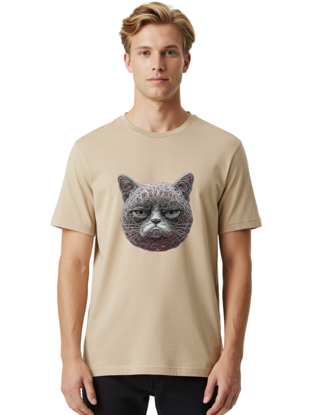 Cat-Face Men'S Graphic Tee, 100% Cotton, Comfortable Casual Summer Wear, Machine Washable, Detailed Cat Face, Intricate Line Art, Whimsical Feline Design, Bold Illustration, Expressive Cat Features, Abstract Cat Portrait, Swirling Patterns, Baa277