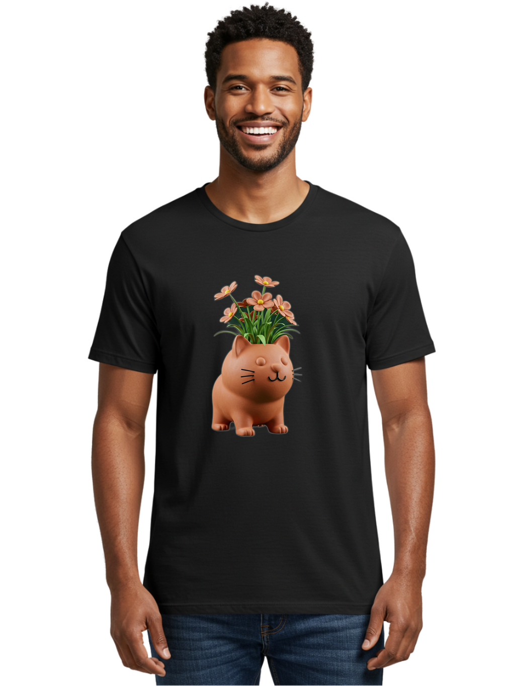 Cat-Planter Men'S Graphic Tee, 100% Cotton, Comfortable Casual Summer Wear, Machine Washable, Cat Planter, Flower Pot, Pink Flowers, Cute Cat Design, Home Decor, Garden Decor, Whimsical Planter, Adorable Cat Baa278