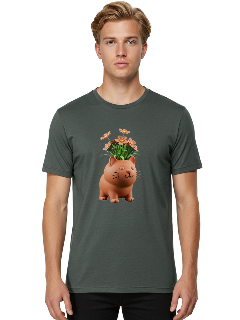 Cat-Planter Men'S Graphic Tee, 100% Cotton, Comfortable Casual Summer Wear, Machine Washable, Cat Planter, Flower Pot, Pink Flowers, Cute Cat Design, Home Decor, Garden Decor, Whimsical Planter, Adorable Cat Baa278