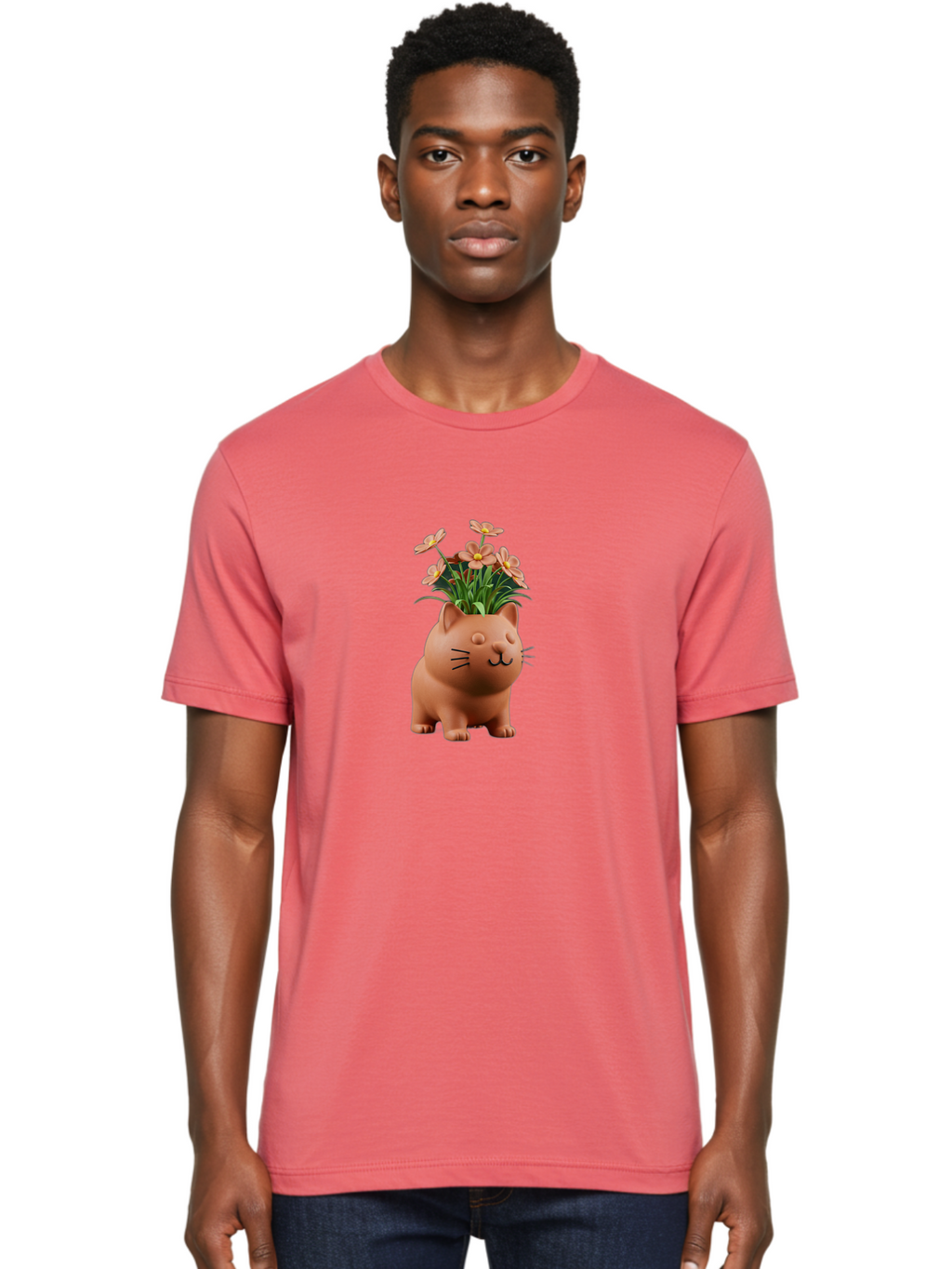 Cat-Planter Men'S Graphic Tee, 100% Cotton, Comfortable Casual Summer Wear, Machine Washable, Cat Planter, Flower Pot, Pink Flowers, Cute Cat Design, Home Decor, Garden Decor, Whimsical Planter, Adorable Cat Baa278