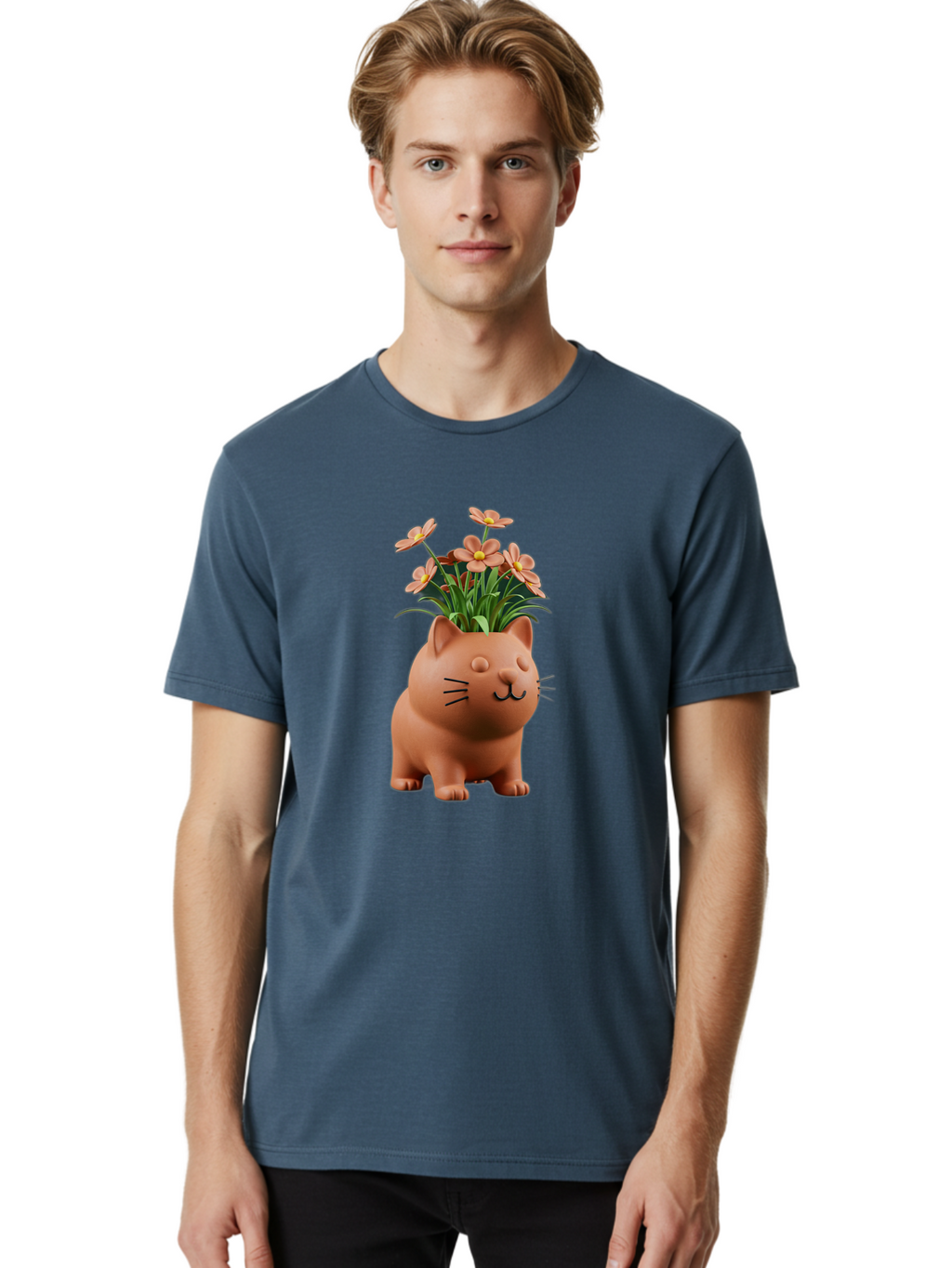 Cat-Planter Men'S Graphic Tee, 100% Cotton, Comfortable Casual Summer Wear, Machine Washable, Cat Planter, Flower Pot, Pink Flowers, Cute Cat Design, Home Decor, Garden Decor, Whimsical Planter, Adorable Cat Baa278