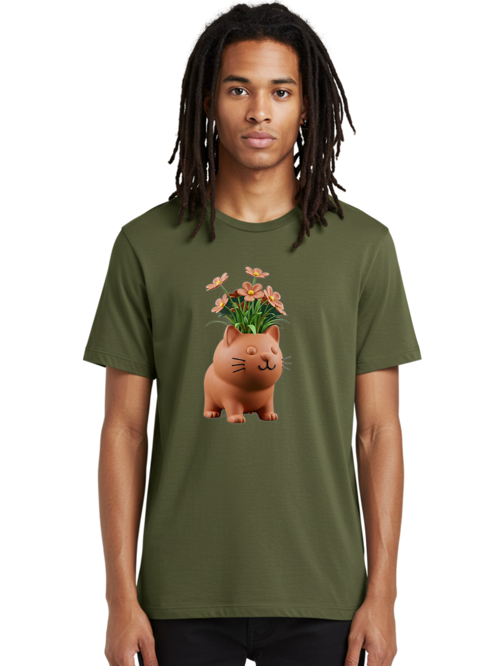 Cat-Planter Men'S Graphic Tee, 100% Cotton, Comfortable Casual Summer Wear, Machine Washable, Cat Planter, Flower Pot, Pink Flowers, Cute Cat Design, Home Decor, Garden Decor, Whimsical Planter, Adorable Cat Baa278