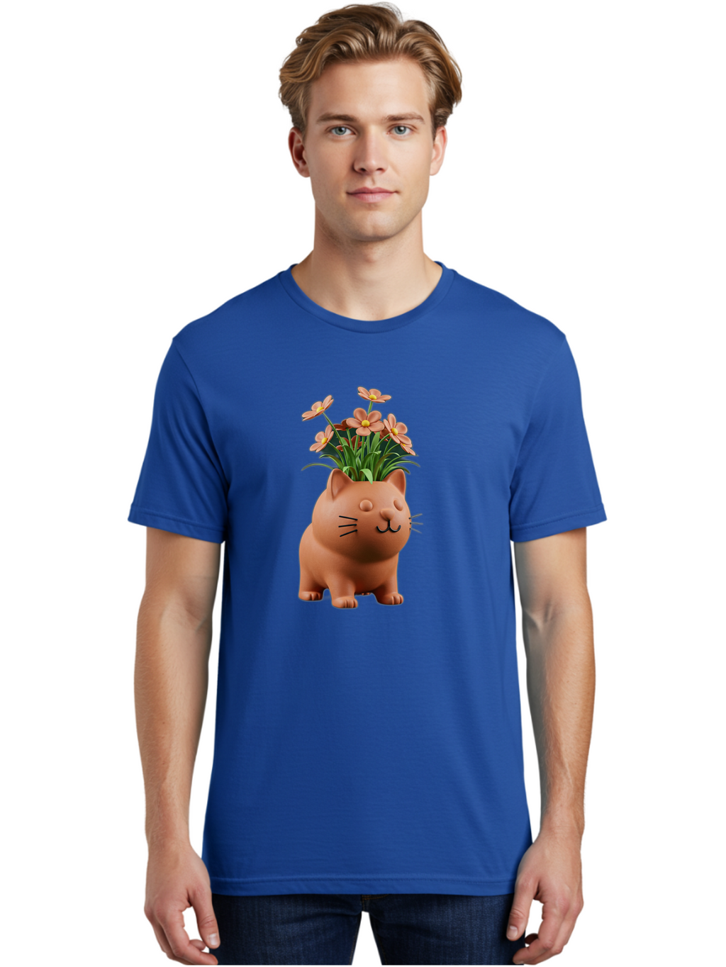 Cat-Planter Men'S Graphic Tee, 100% Cotton, Comfortable Casual Summer Wear, Machine Washable, Cat Planter, Flower Pot, Pink Flowers, Cute Cat Design, Home Decor, Garden Decor, Whimsical Planter, Adorable Cat Baa278