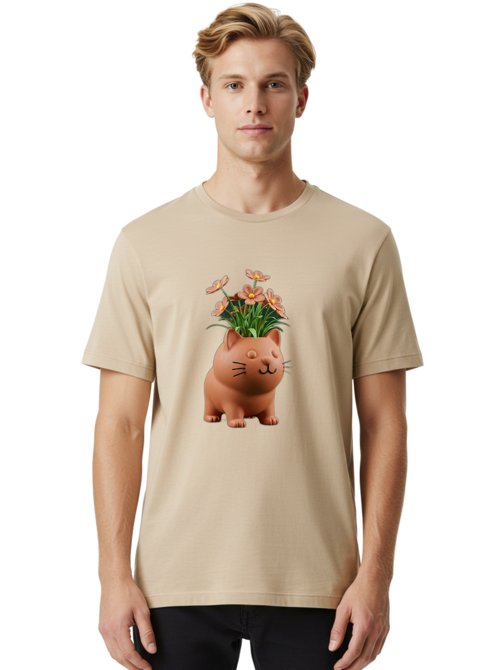 Cat-Planter Men'S Graphic Tee, 100% Cotton, Comfortable Casual Summer Wear, Machine Washable, Cat Planter, Flower Pot, Pink Flowers, Cute Cat Design, Home Decor, Garden Decor, Whimsical Planter, Adorable Cat Baa278