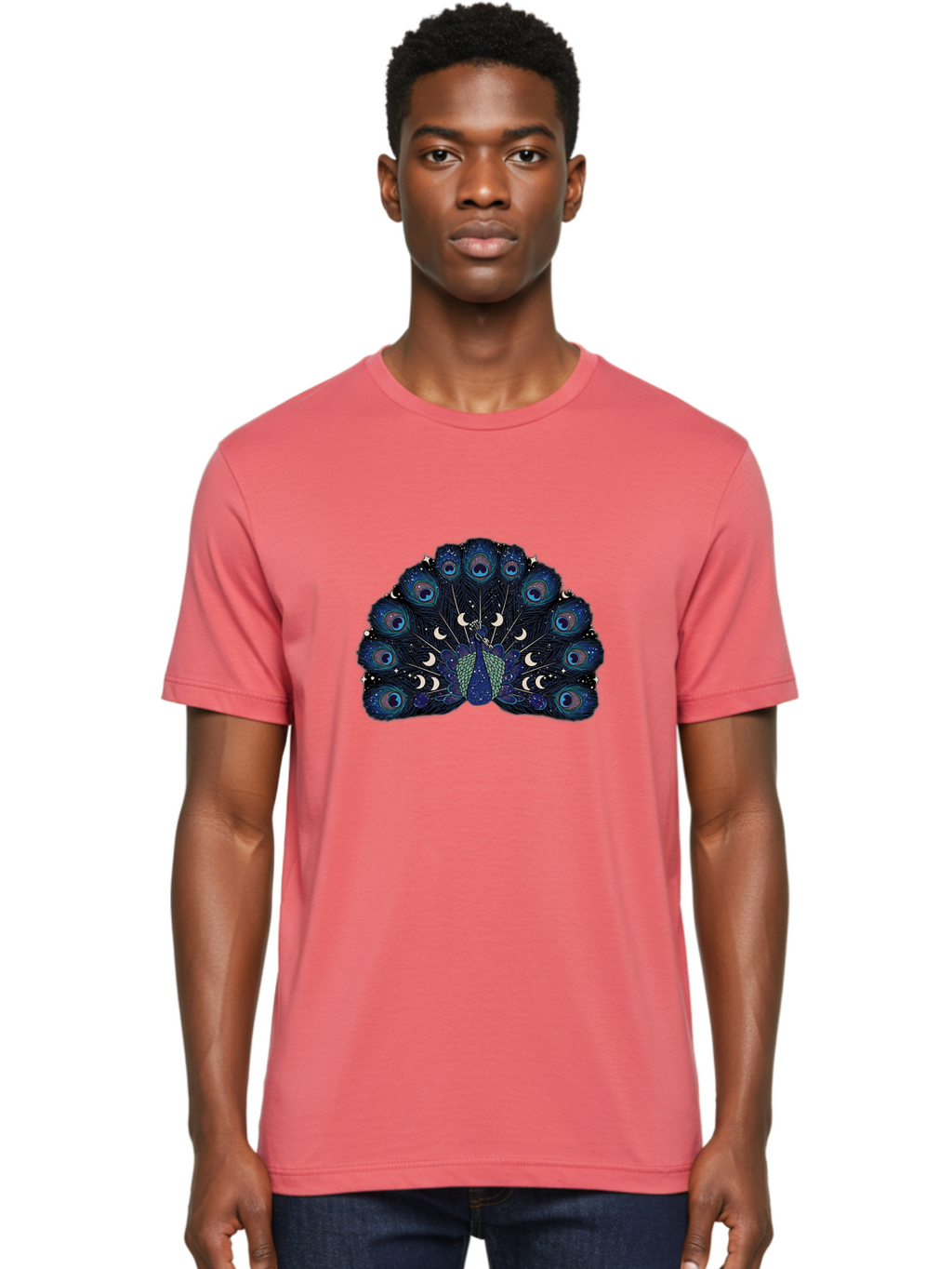 Celestial-Peacock Men'S Graphic Tee, 100% Cotton, Comfortable Casual Summer Wear, Machine Washable, Peacock, Moon Phases, Celestial, Night Sky, Stars, Crescent Moons, Blue Feathers, Eye-Catching, Vibrant, Lunar Cycle, Mystical, Night, Magic Baa280