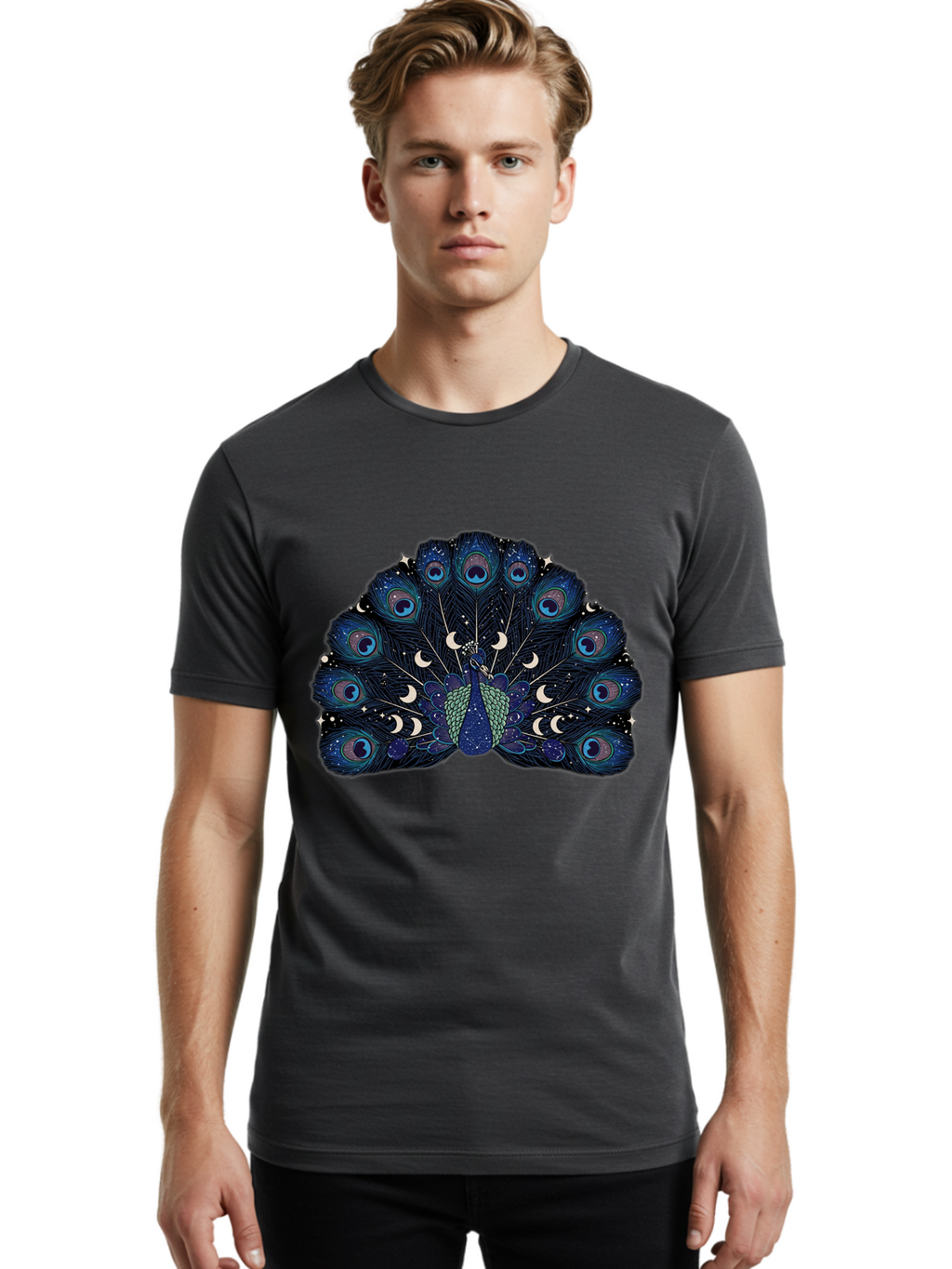 Celestial-Peacock Men'S Graphic Tee, 100% Cotton, Comfortable Casual Summer Wear, Machine Washable, Peacock, Moon Phases, Celestial, Night Sky, Stars, Crescent Moons, Blue Feathers, Eye-Catching, Vibrant, Lunar Cycle, Mystical, Night, Magic Baa280