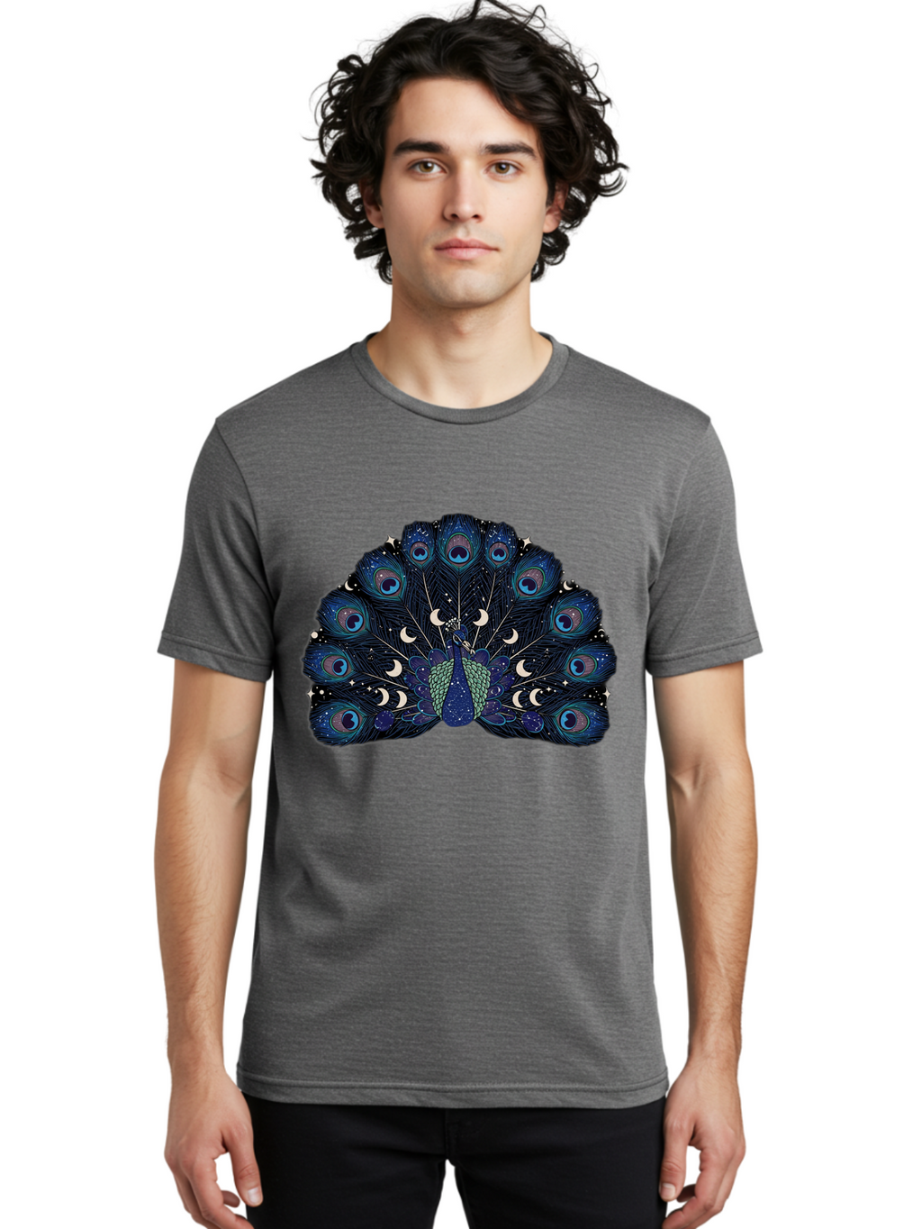 Celestial-Peacock Men'S Graphic Tee, 100% Cotton, Comfortable Casual Summer Wear, Machine Washable, Peacock, Moon Phases, Celestial, Night Sky, Stars, Crescent Moons, Blue Feathers, Eye-Catching, Vibrant, Lunar Cycle, Mystical, Night, Magic Baa280