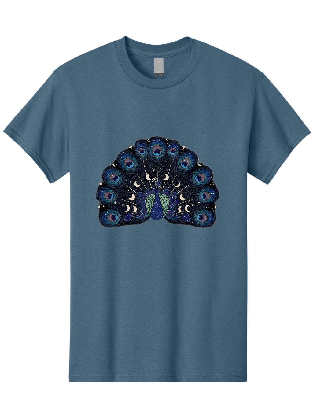 Celestial-Peacock Men'S Graphic Tee, 100% Cotton, Comfortable Casual Summer Wear, Machine Washable, Peacock, Moon Phases, Celestial, Night Sky, Stars, Crescent Moons, Blue Feathers, Eye-Catching, Vibrant, Lunar Cycle, Mystical, Night, Magic Baa280