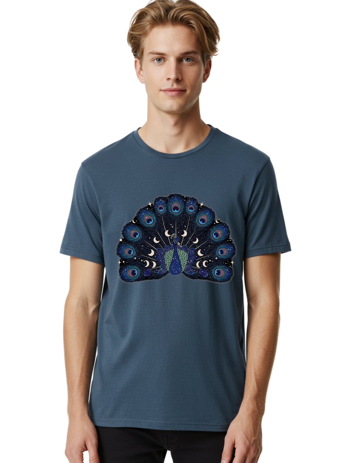Celestial-Peacock Men'S Graphic Tee, 100% Cotton, Comfortable Casual Summer Wear, Machine Washable, Peacock, Moon Phases, Celestial, Night Sky, Stars, Crescent Moons, Blue Feathers, Eye-Catching, Vibrant, Lunar Cycle, Mystical, Night, Magic Baa280