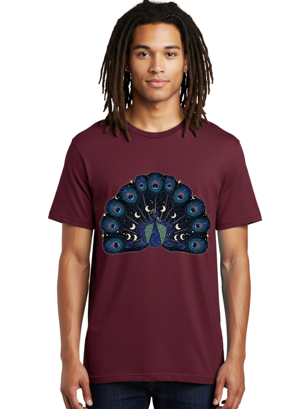Celestial-Peacock Men'S Graphic Tee, 100% Cotton, Comfortable Casual Summer Wear, Machine Washable, Peacock, Moon Phases, Celestial, Night Sky, Stars, Crescent Moons, Blue Feathers, Eye-Catching, Vibrant, Lunar Cycle, Mystical, Night, Magic Baa280