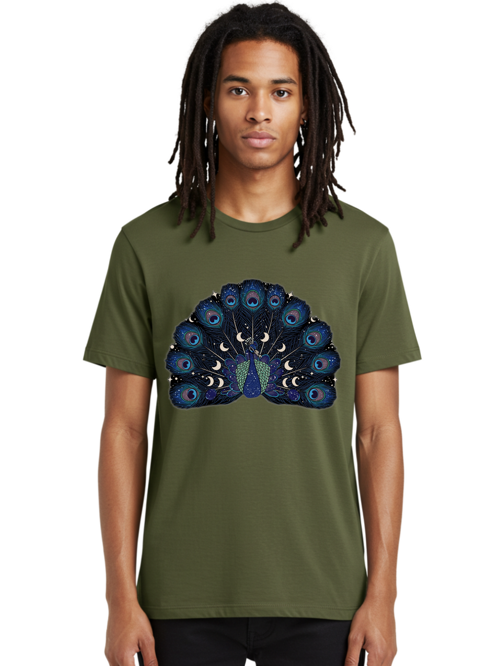 Celestial-Peacock Men'S Graphic Tee, 100% Cotton, Comfortable Casual Summer Wear, Machine Washable, Peacock, Moon Phases, Celestial, Night Sky, Stars, Crescent Moons, Blue Feathers, Eye-Catching, Vibrant, Lunar Cycle, Mystical, Night, Magic Baa280