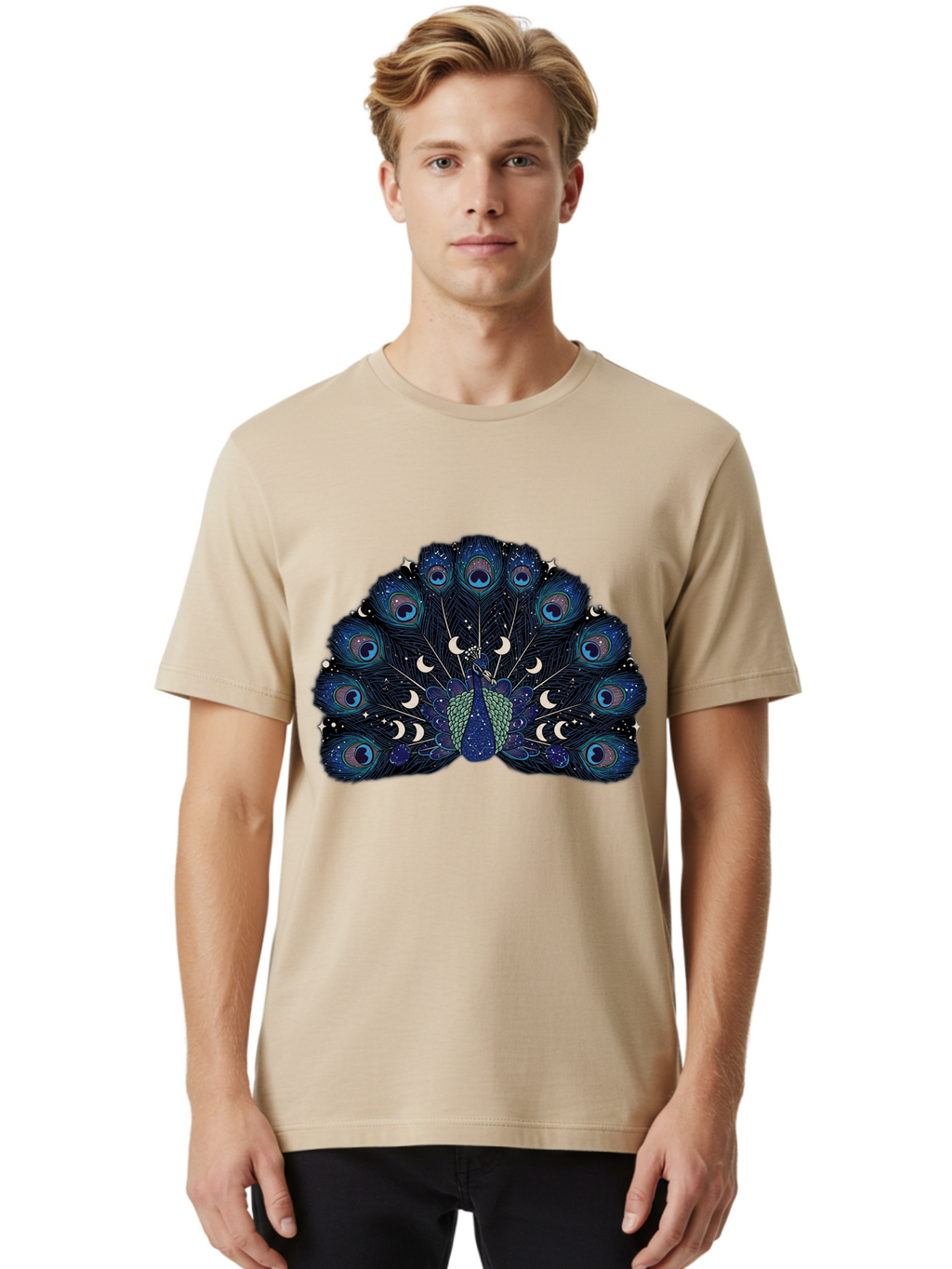 Celestial-Peacock Men'S Graphic Tee, 100% Cotton, Comfortable Casual Summer Wear, Machine Washable, Peacock, Moon Phases, Celestial, Night Sky, Stars, Crescent Moons, Blue Feathers, Eye-Catching, Vibrant, Lunar Cycle, Mystical, Night, Magic Baa280