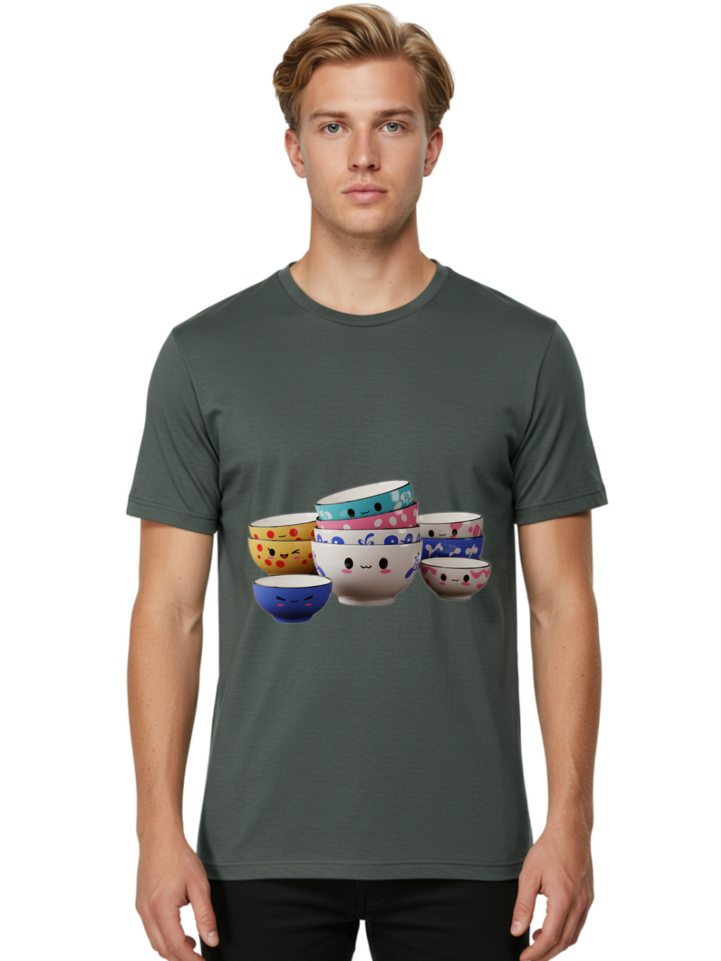 Cereal-Bowls Men'S Graphic Tee, 100% Cotton, Comfortable Casual Summer Wear, Machine Washable, Stacked Ceramic Bowls, Colorful Designs, Fun Patterns, Emotive Faces, Playful Tableware, Kawaii Style, Adorable Kitchenware, Vibrant Colors, Baa281