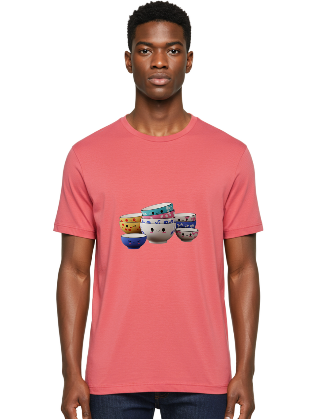 Cereal-Bowls Men'S Graphic Tee, 100% Cotton, Comfortable Casual Summer Wear, Machine Washable, Stacked Ceramic Bowls, Colorful Designs, Fun Patterns, Emotive Faces, Playful Tableware, Kawaii Style, Adorable Kitchenware, Vibrant Colors, Baa281
