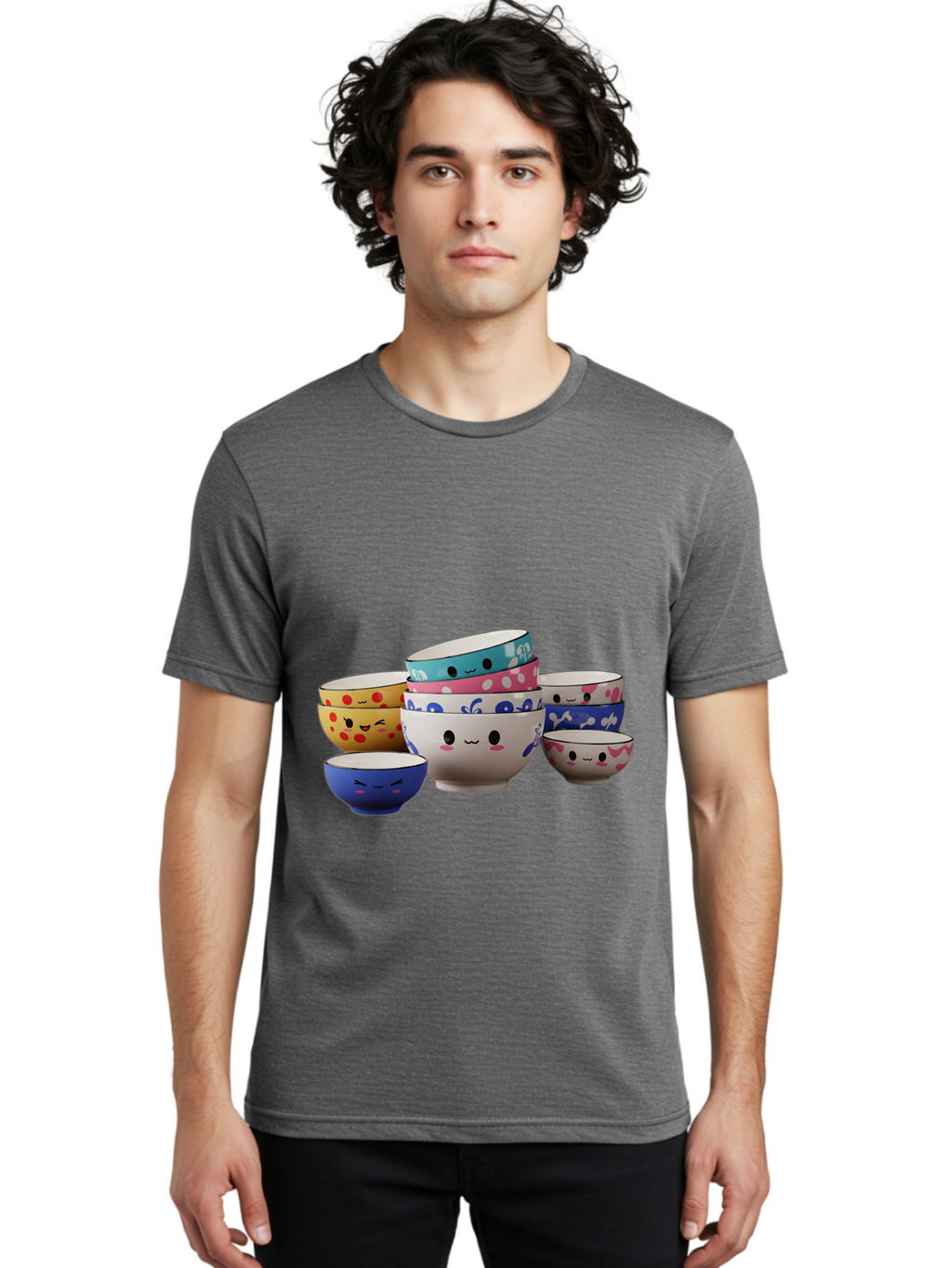 Cereal-Bowls Men'S Graphic Tee, 100% Cotton, Comfortable Casual Summer Wear, Machine Washable, Stacked Ceramic Bowls, Colorful Designs, Fun Patterns, Emotive Faces, Playful Tableware, Kawaii Style, Adorable Kitchenware, Vibrant Colors, Baa281