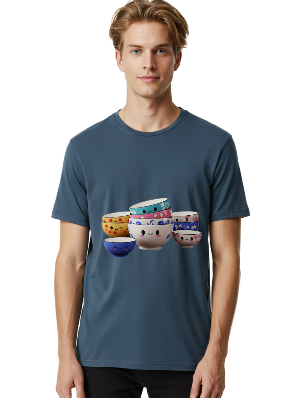 Cereal-Bowls Men'S Graphic Tee, 100% Cotton, Comfortable Casual Summer Wear, Machine Washable, Stacked Ceramic Bowls, Colorful Designs, Fun Patterns, Emotive Faces, Playful Tableware, Kawaii Style, Adorable Kitchenware, Vibrant Colors, Baa281