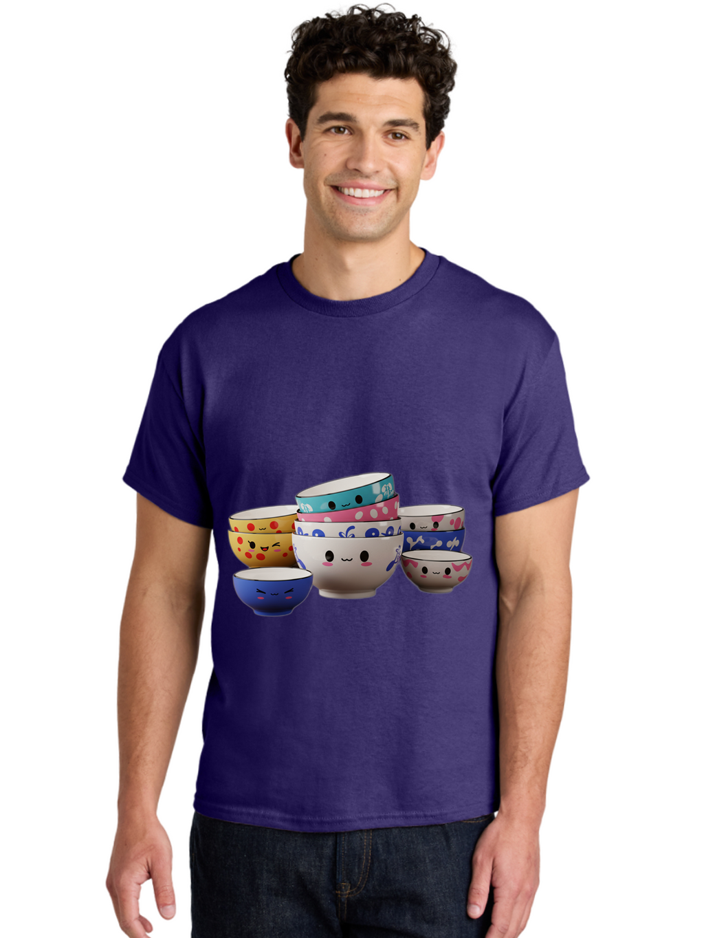 Cereal-Bowls Men'S Graphic Tee, 100% Cotton, Comfortable Casual Summer Wear, Machine Washable, Stacked Ceramic Bowls, Colorful Designs, Fun Patterns, Emotive Faces, Playful Tableware, Kawaii Style, Adorable Kitchenware, Vibrant Colors, Baa281