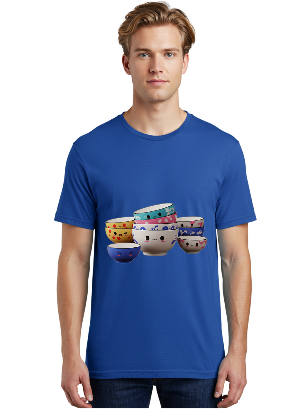 Cereal-Bowls Men'S Graphic Tee, 100% Cotton, Comfortable Casual Summer Wear, Machine Washable, Stacked Ceramic Bowls, Colorful Designs, Fun Patterns, Emotive Faces, Playful Tableware, Kawaii Style, Adorable Kitchenware, Vibrant Colors, Baa281