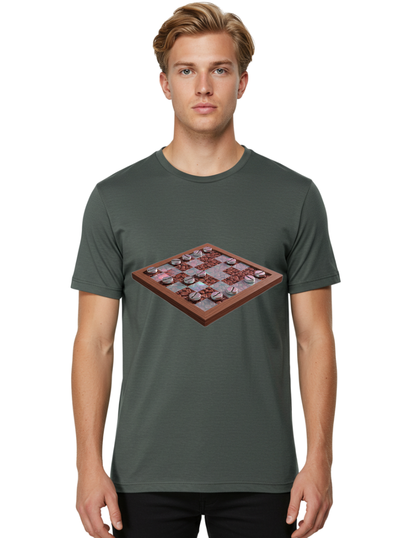 Checkerboard Men'S Graphic Tee, 100% Cotton, Comfortable Casual Summer Wear, Machine Washable, Checkers Game Board, Wooden Checkersboard, Strategy Game, Brown And Gray Checkerboard Pattern, Checkers Pieces, Game Night, Board Game, Baa282