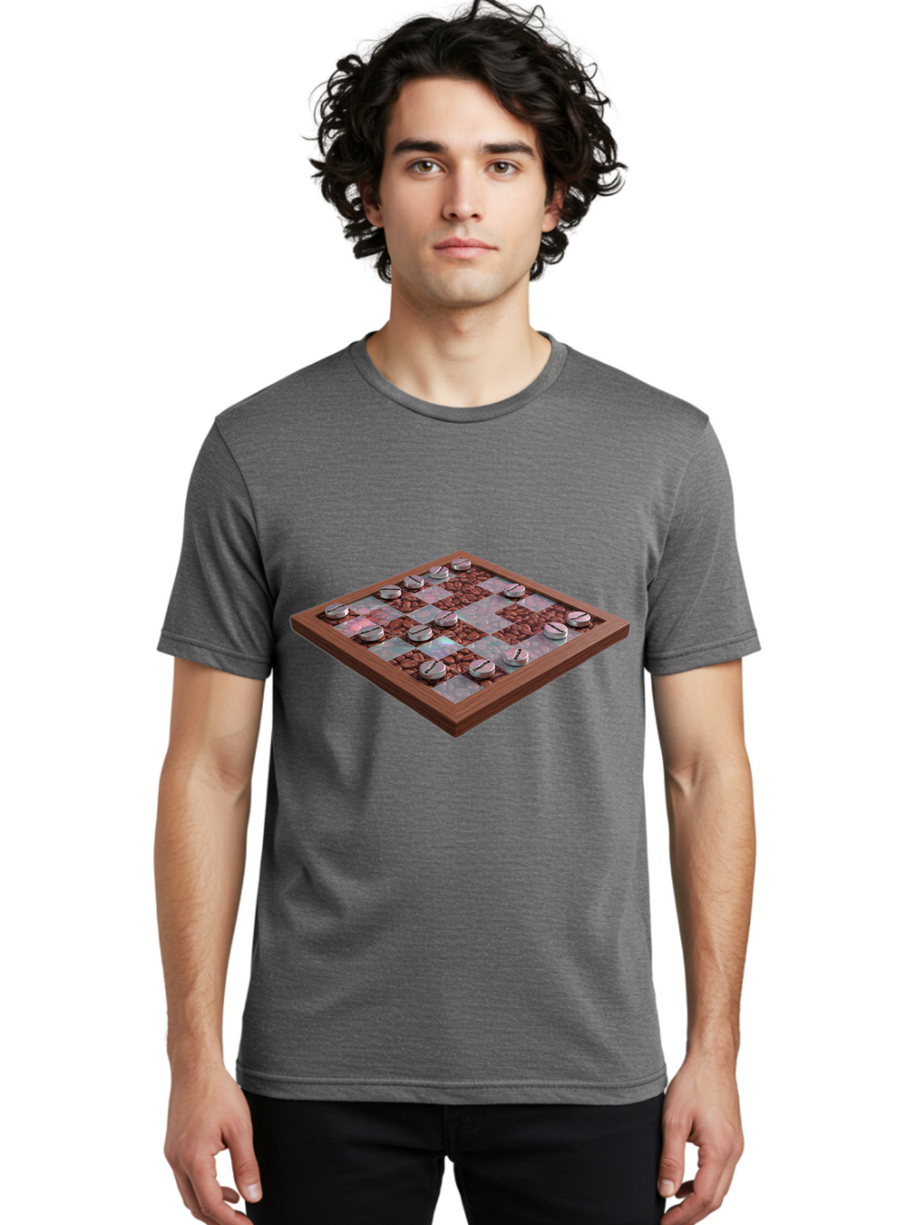 Checkerboard Men'S Graphic Tee, 100% Cotton, Comfortable Casual Summer Wear, Machine Washable, Checkers Game Board, Wooden Checkersboard, Strategy Game, Brown And Gray Checkerboard Pattern, Checkers Pieces, Game Night, Board Game, Baa282