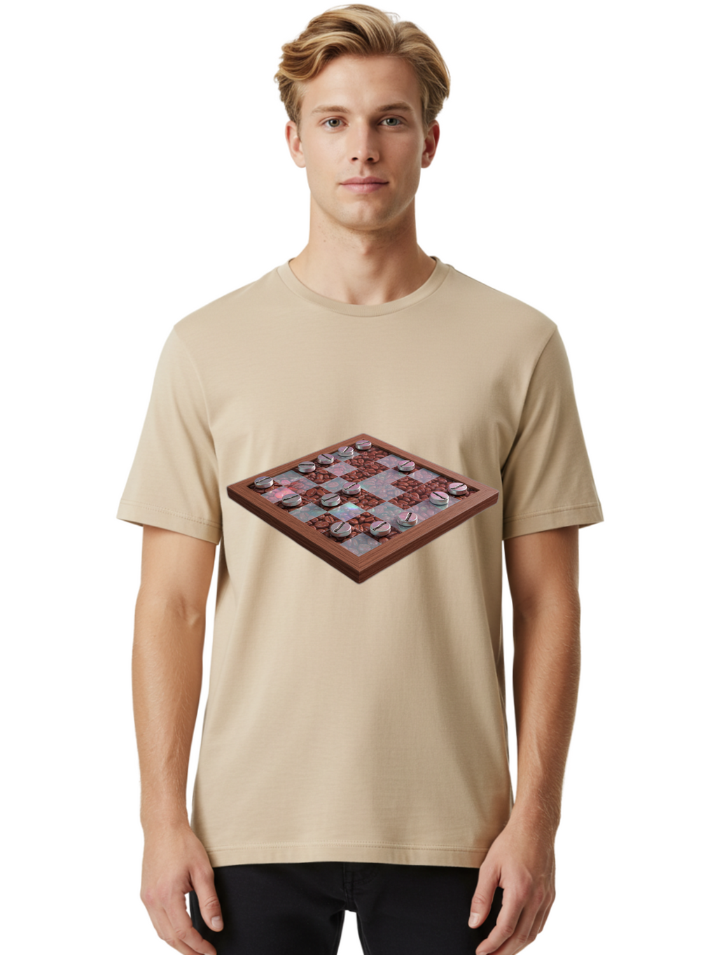 Checkerboard Men'S Graphic Tee, 100% Cotton, Comfortable Casual Summer Wear, Machine Washable, Checkers Game Board, Wooden Checkersboard, Strategy Game, Brown And Gray Checkerboard Pattern, Checkers Pieces, Game Night, Board Game, Baa282