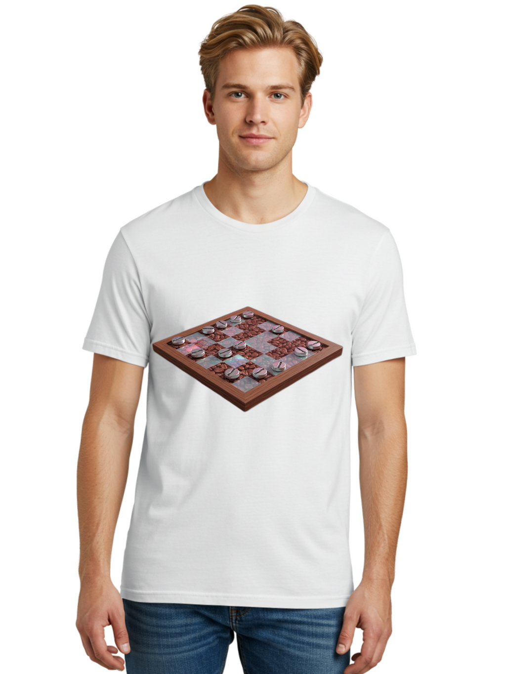 Checkerboard Men'S Graphic Tee, 100% Cotton, Comfortable Casual Summer Wear, Machine Washable, Checkers Game Board, Wooden Checkersboard, Strategy Game, Brown And Gray Checkerboard Pattern, Checkers Pieces, Game Night, Board Game, Baa282