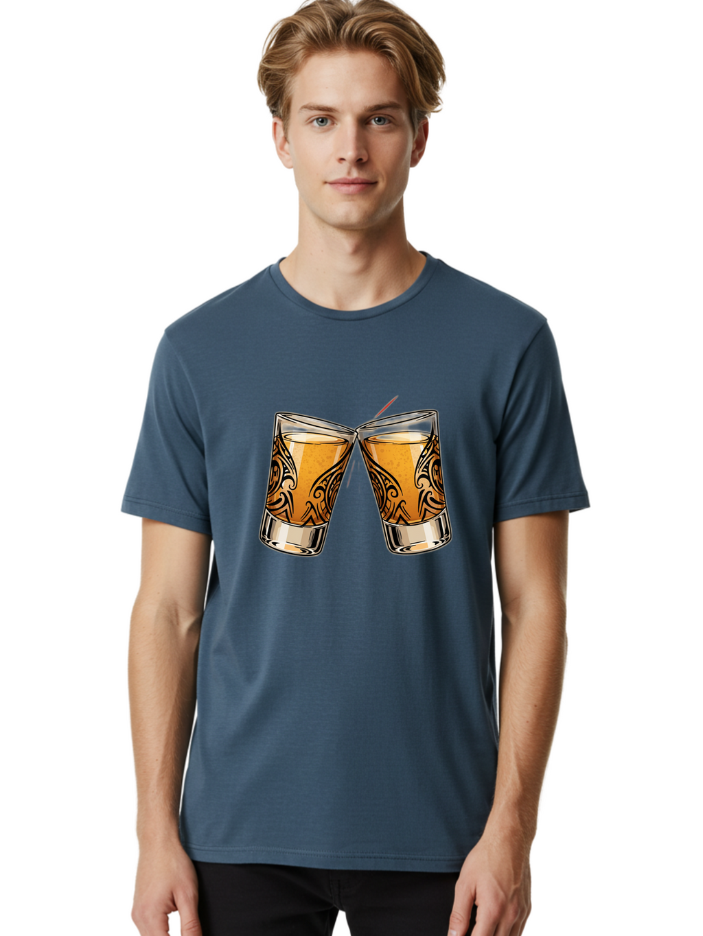 Cheers-2 Men'S Graphic Tee, 100% Cotton, Comfortable Casual Summer Wear, Machine Washable, Shot Glasses, Whiskey Glasses, Toasted Drinks, Cheers Moment, Social Gathering, Friendship Toast, Ornate Design, Glassware, Beverage, Celebratory Drink Baa284