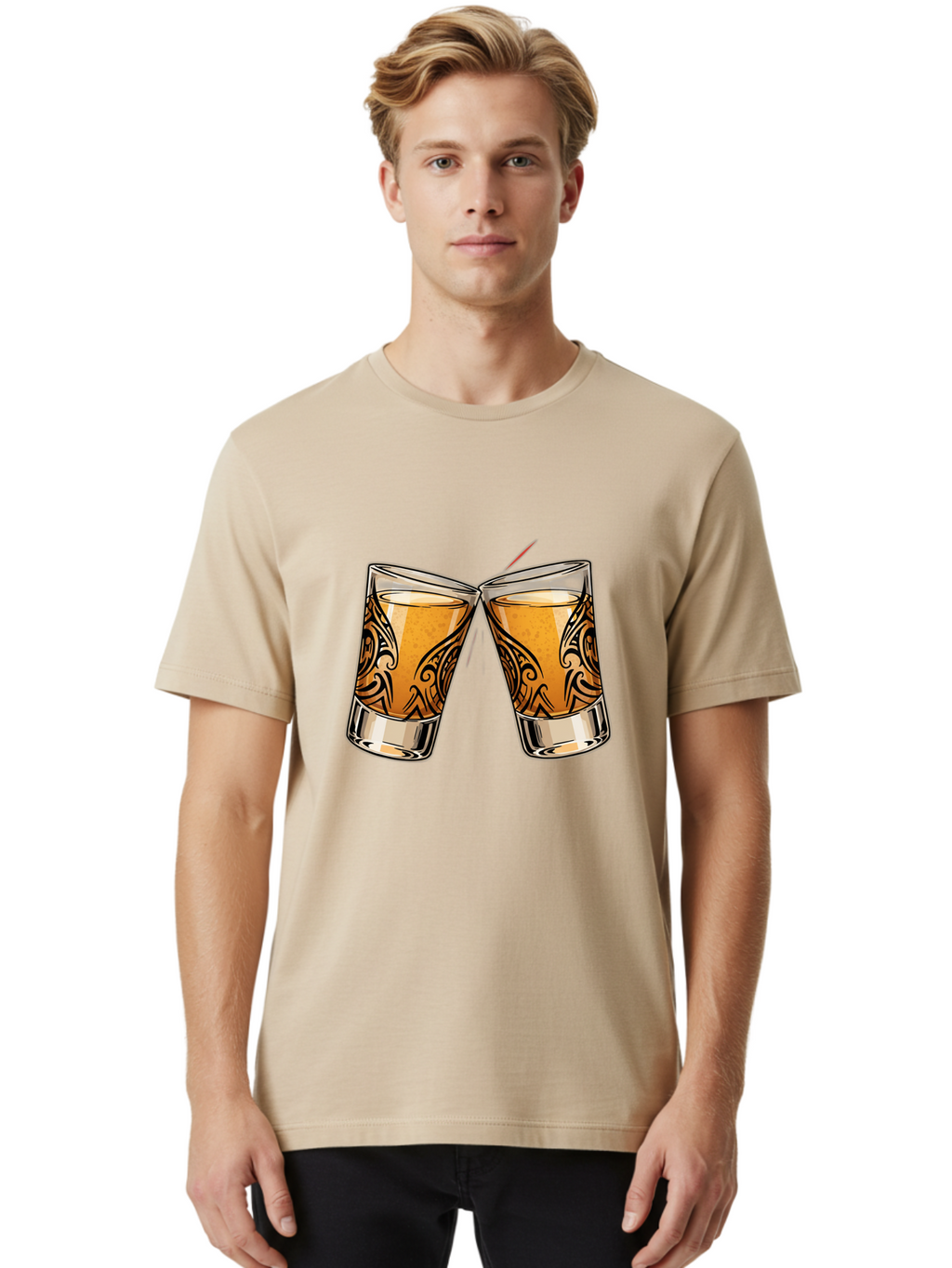 Cheers-2 Men'S Graphic Tee, 100% Cotton, Comfortable Casual Summer Wear, Machine Washable, Shot Glasses, Whiskey Glasses, Toasted Drinks, Cheers Moment, Social Gathering, Friendship Toast, Ornate Design, Glassware, Beverage, Celebratory Drink Baa284