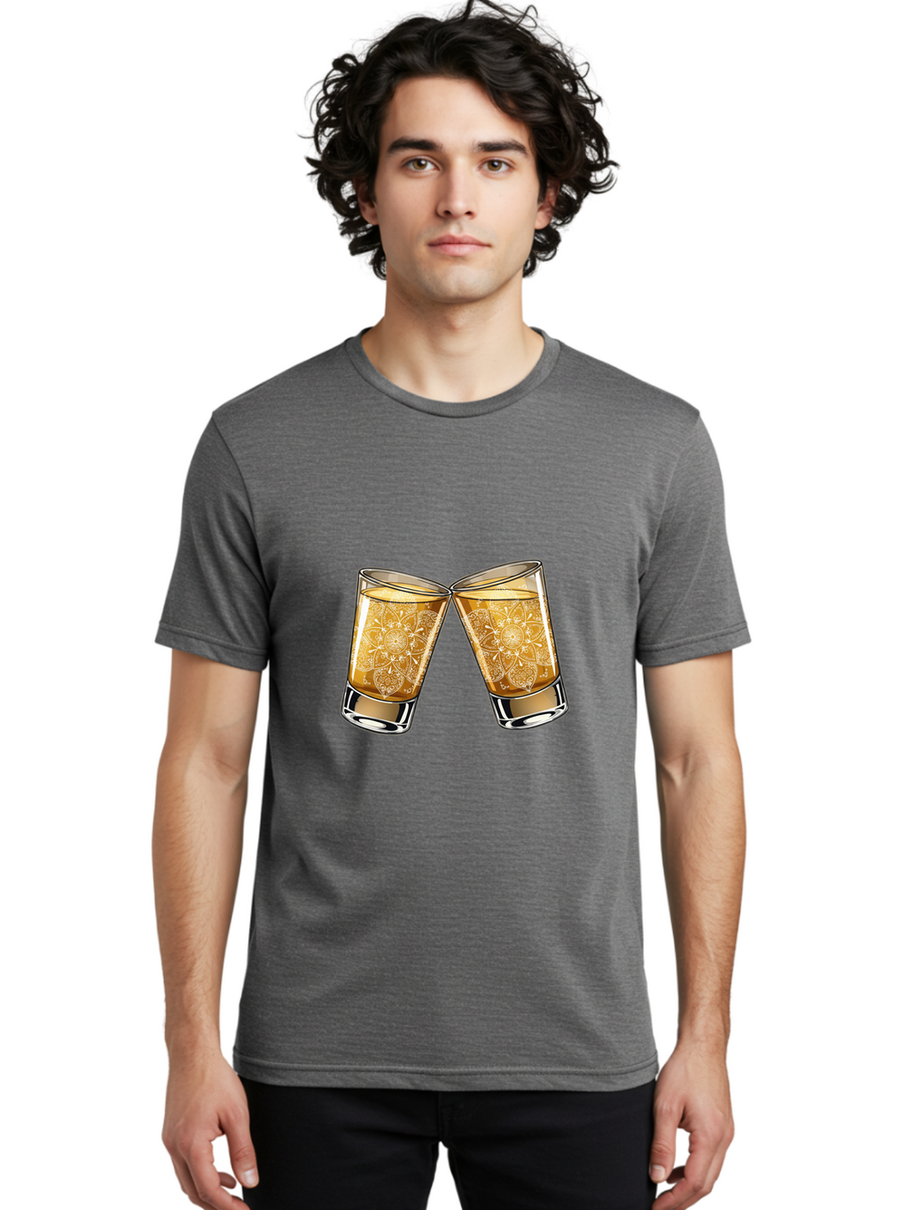 Cheers-4 Men'S Graphic Tee, 100% Cotton, Comfortable Casual Summer Wear, Machine Washable, Whiskey Glasses, Shot Glasses, Cheers Toast, Celebration Drink, Spirits, Luxury Glassware, Ornate Design, Festive Atmosphere, Party, Drink Together Baa286