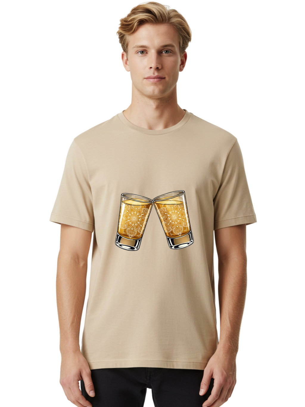 Cheers-4 Men'S Graphic Tee, 100% Cotton, Comfortable Casual Summer Wear, Machine Washable, Whiskey Glasses, Shot Glasses, Cheers Toast, Celebration Drink, Spirits, Luxury Glassware, Ornate Design, Festive Atmosphere, Party, Drink Together Baa286