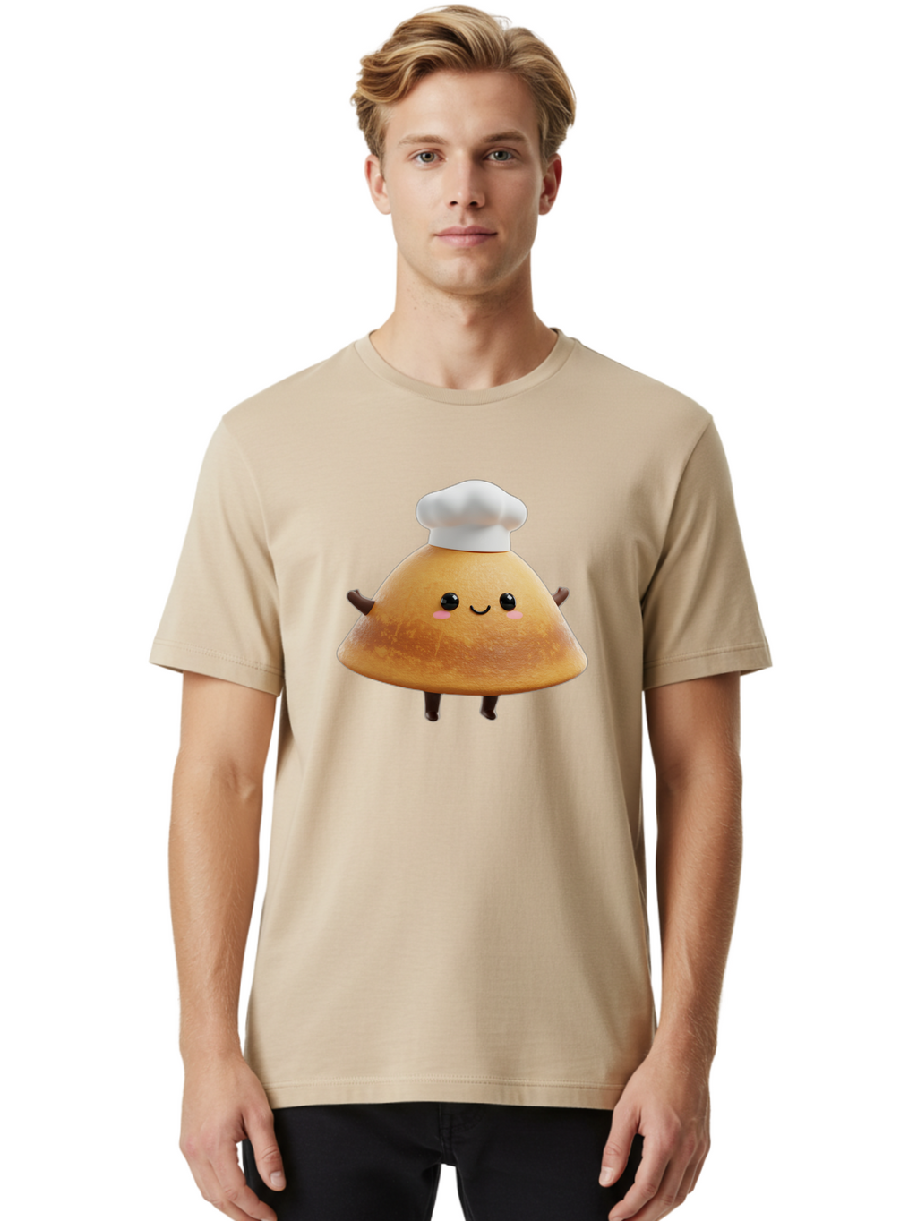 Chef-Hat-Mushroom Men'S Graphic Tee, 100% Cotton, Comfortable Casual Summer Wear, Machine Washable, Croissant Character, Chef Hat, Happy Face, Pink Blush, Smiling Mouth, Cute Pastry, Bakery Illustration, Cartoon Food, Animated Treat, Baa290