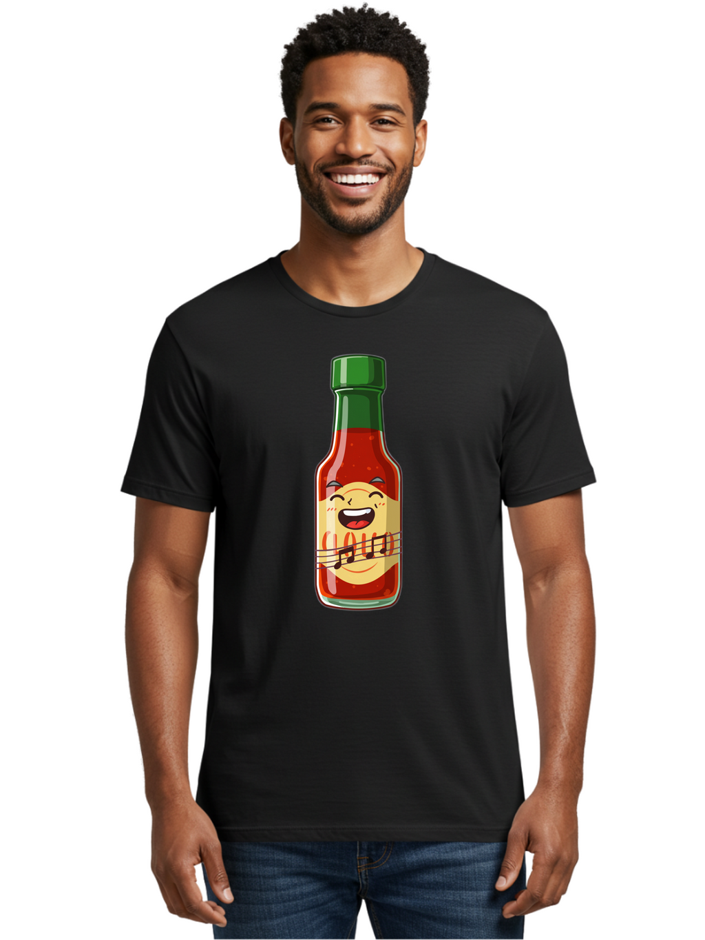 Chili-Sauce-Bottle Men'S Graphic Tee, 100% Cotton, Comfortable Casual Summer Wear, Machine Washable, Hot Sauce Bottle, Spicy Condiment, Cartoon Character, Laughing Face, Tabasco Sauce, Flavorful Food, Hot Pepper Sauce, Culinary Delight Baa292