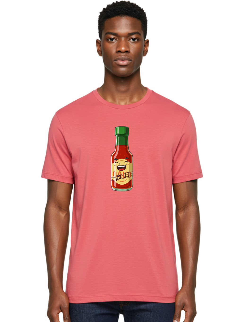 Chili-Sauce-Bottle Men'S Graphic Tee, 100% Cotton, Comfortable Casual Summer Wear, Machine Washable, Hot Sauce Bottle, Spicy Condiment, Cartoon Character, Laughing Face, Tabasco Sauce, Flavorful Food, Hot Pepper Sauce, Culinary Delight Baa292