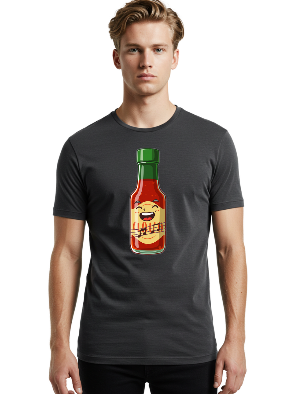 Chili-Sauce-Bottle Men'S Graphic Tee, 100% Cotton, Comfortable Casual Summer Wear, Machine Washable, Hot Sauce Bottle, Spicy Condiment, Cartoon Character, Laughing Face, Tabasco Sauce, Flavorful Food, Hot Pepper Sauce, Culinary Delight Baa292