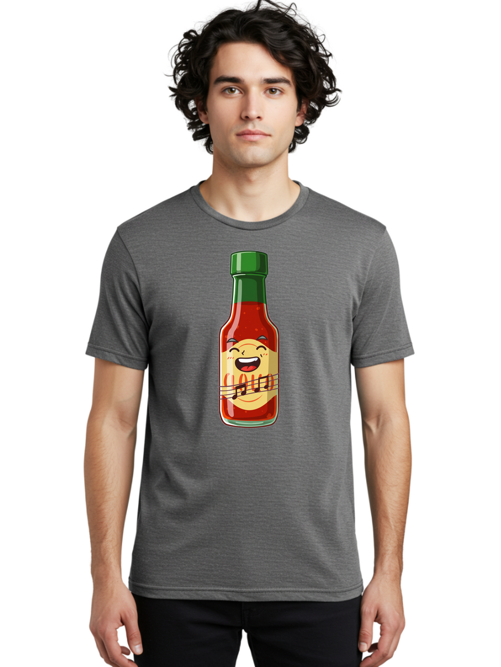 Chili-Sauce-Bottle Men'S Graphic Tee, 100% Cotton, Comfortable Casual Summer Wear, Machine Washable, Hot Sauce Bottle, Spicy Condiment, Cartoon Character, Laughing Face, Tabasco Sauce, Flavorful Food, Hot Pepper Sauce, Culinary Delight Baa292