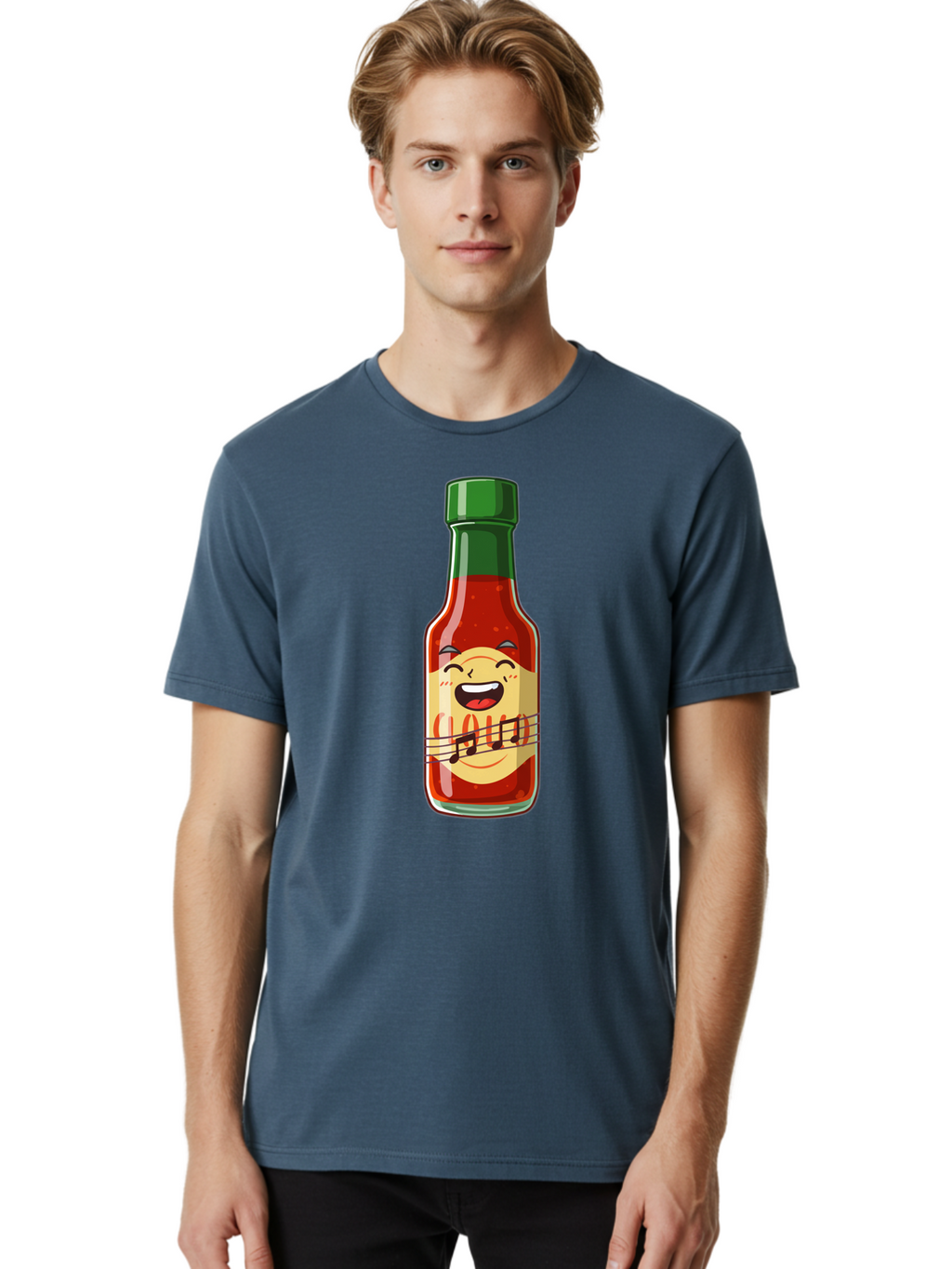 Chili-Sauce-Bottle Men'S Graphic Tee, 100% Cotton, Comfortable Casual Summer Wear, Machine Washable, Hot Sauce Bottle, Spicy Condiment, Cartoon Character, Laughing Face, Tabasco Sauce, Flavorful Food, Hot Pepper Sauce, Culinary Delight Baa292