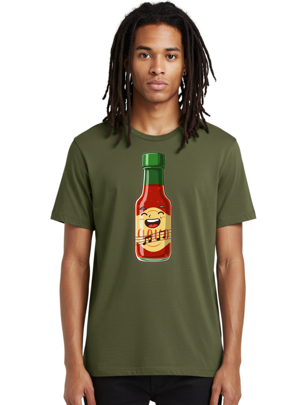 Chili-Sauce-Bottle Men'S Graphic Tee, 100% Cotton, Comfortable Casual Summer Wear, Machine Washable, Hot Sauce Bottle, Spicy Condiment, Cartoon Character, Laughing Face, Tabasco Sauce, Flavorful Food, Hot Pepper Sauce, Culinary Delight Baa292
