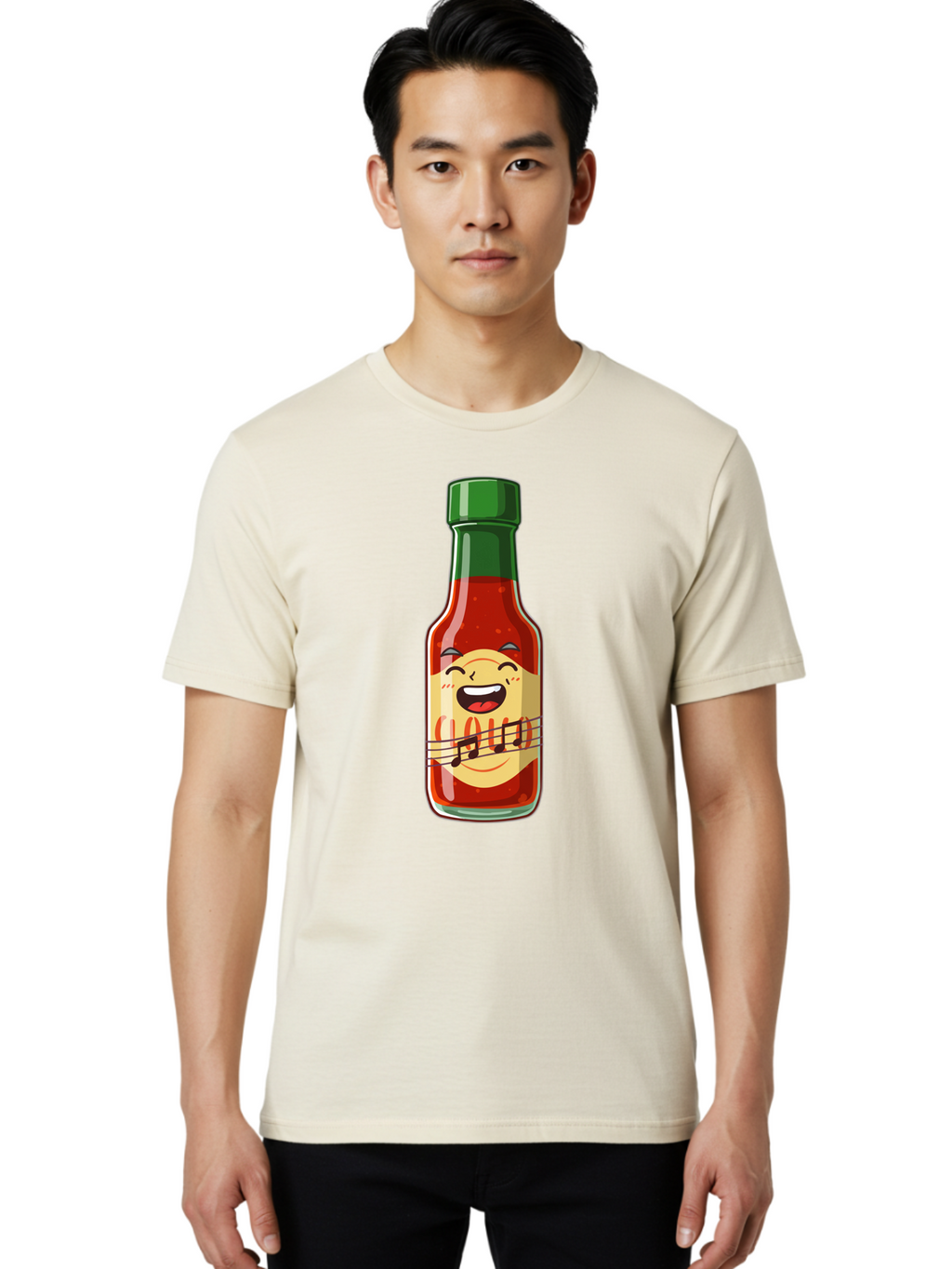 Chili-Sauce-Bottle Men'S Graphic Tee, 100% Cotton, Comfortable Casual Summer Wear, Machine Washable, Hot Sauce Bottle, Spicy Condiment, Cartoon Character, Laughing Face, Tabasco Sauce, Flavorful Food, Hot Pepper Sauce, Culinary Delight Baa292